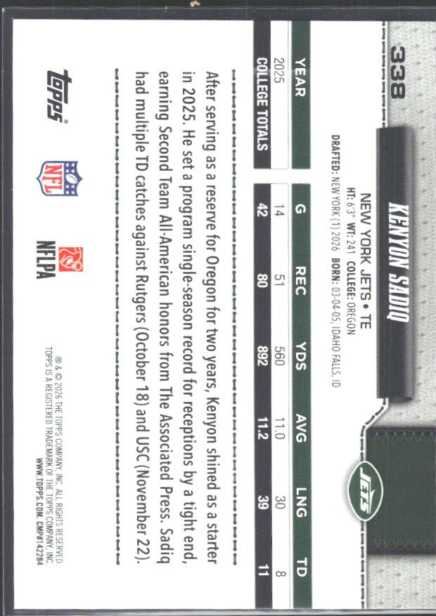2026 Topps Flagship Football Kenyon Sadiq RC #338 – baksida