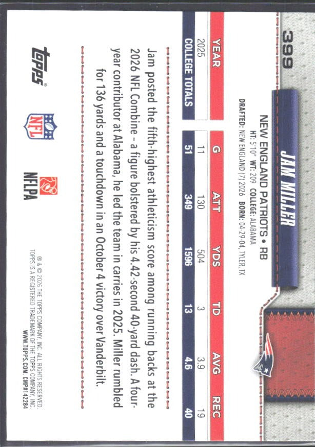 2026 Topps Flagship Football Jam Miller RC #399 – baksida