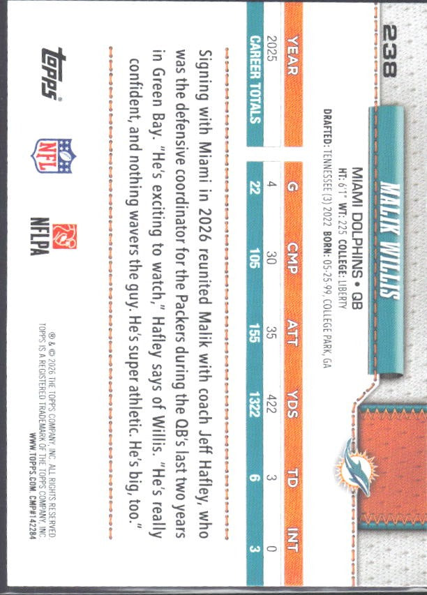 2026 Topps Flagship Football Malik Willis #238 – baksida