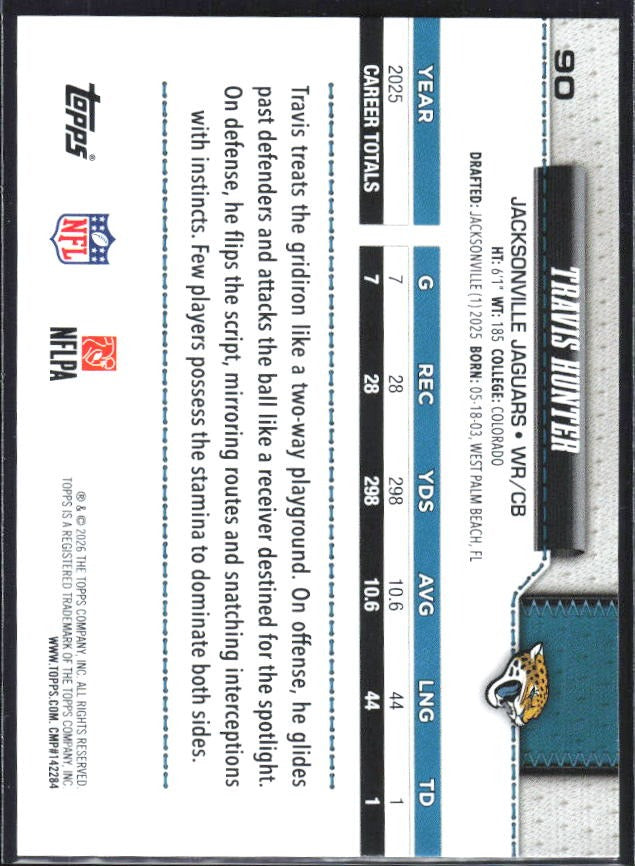 2026 Topps Flagship Football Travis Hunter #90 – baksida
