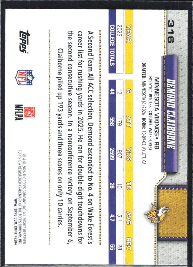 2026 Topps Flagship Football Demond Claiborne RC #316 – baksida