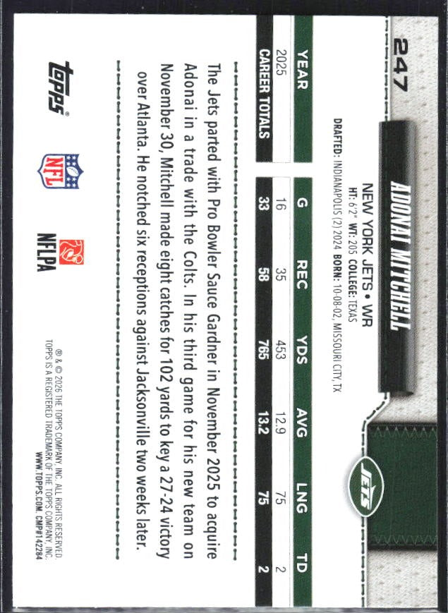 2026 Topps Flagship Football Adonai Mitchell #247 – baksida