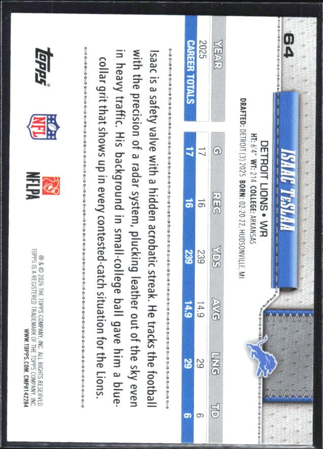 2026 Topps Flagship Football Isaac TeSlaa #64 – baksida
