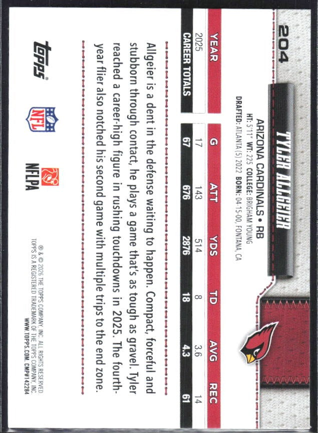 2026 Topps Flagship Football Tyler Allgeier #204 – baksida