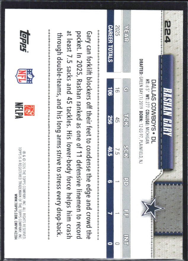 2026 Topps Flagship Football Rashan Gary #224 – baksida
