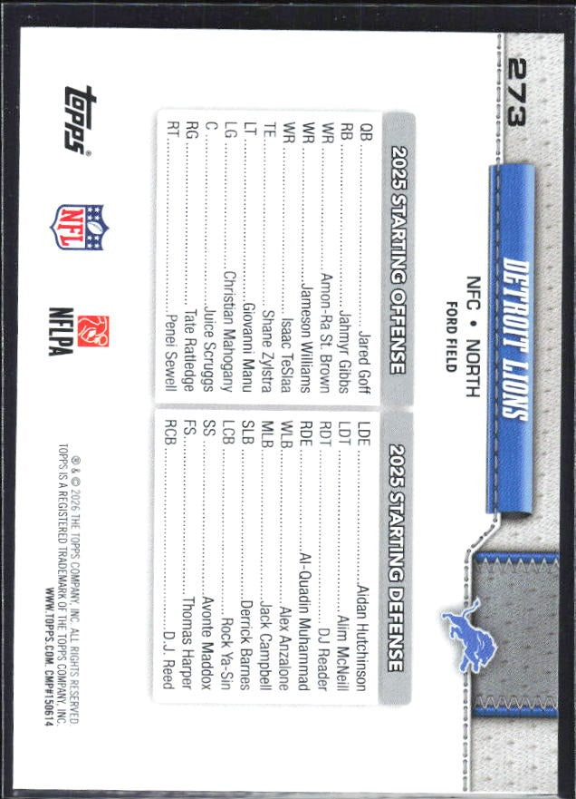 2026 Topps Flagship Football Detroit Lions #273 – baksida