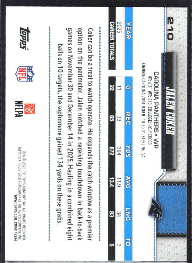 2026 Topps Flagship Football Jalen Coker #210 – baksida
