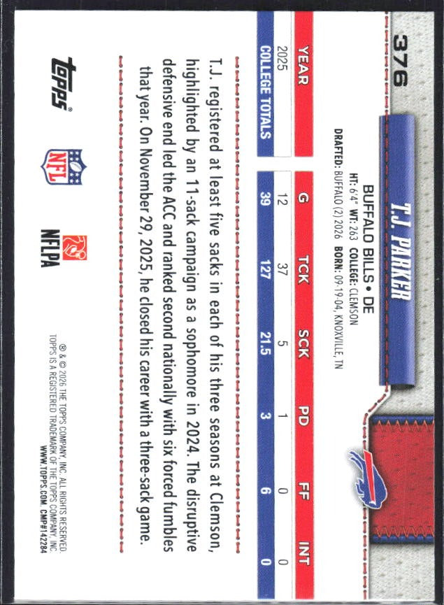 2026 Topps Flagship Football T.J. Parker RC #376 – baksida