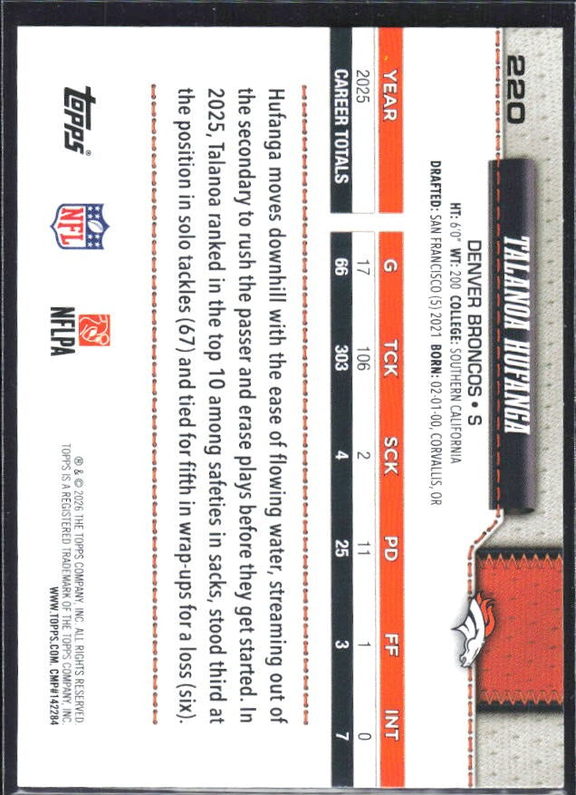 2026 Topps Flagship Football Talanoa Hufanga #220 – baksida