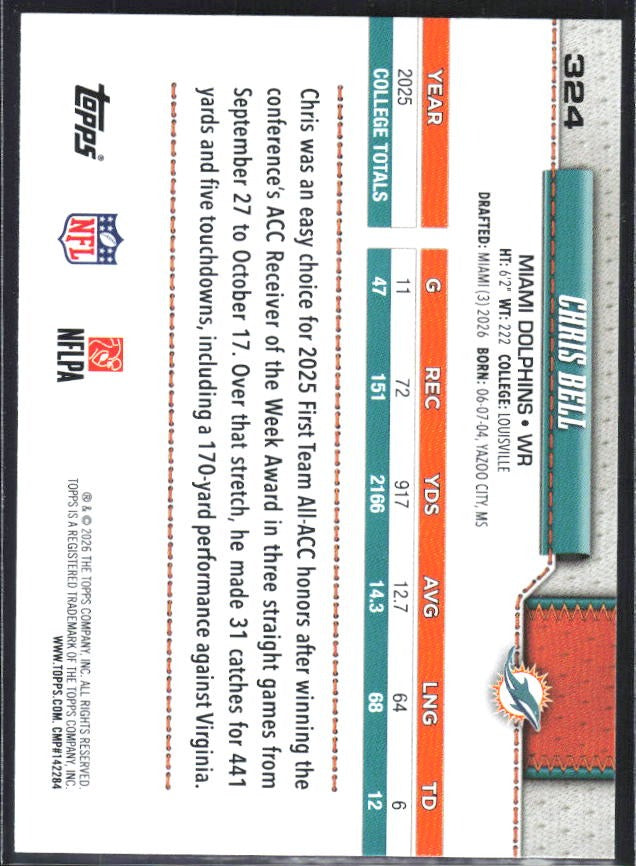 2026 Topps Flagship Football Chris Bell RC #324 – baksida