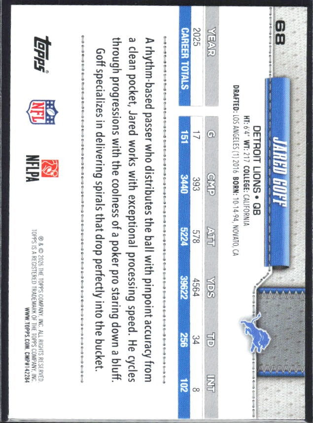 2026 Topps Flagship Football Jared Goff #68 – baksida