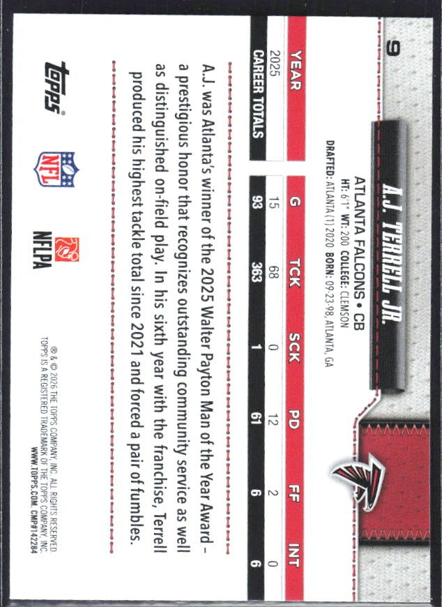 2026 Topps Flagship Football A.J. Terrell Jr. #9 – baksida