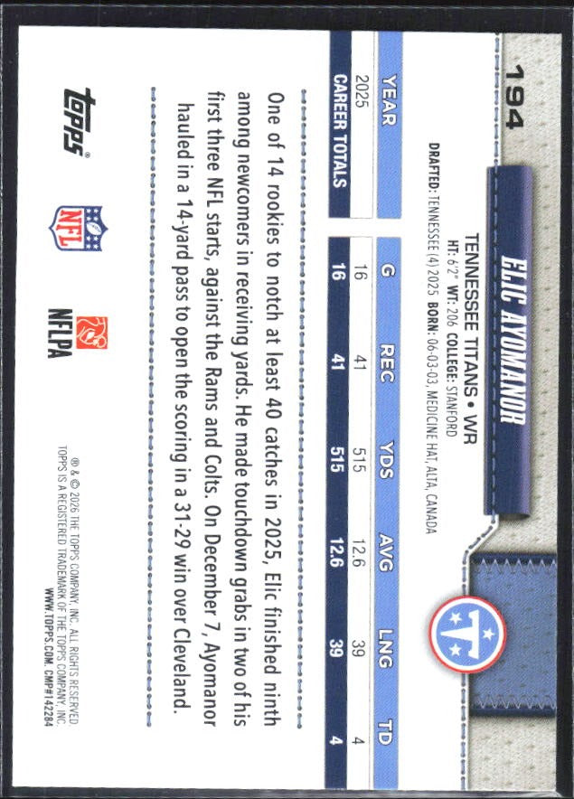 2026 Topps Flagship Football Elic Ayomanor #194 – baksida