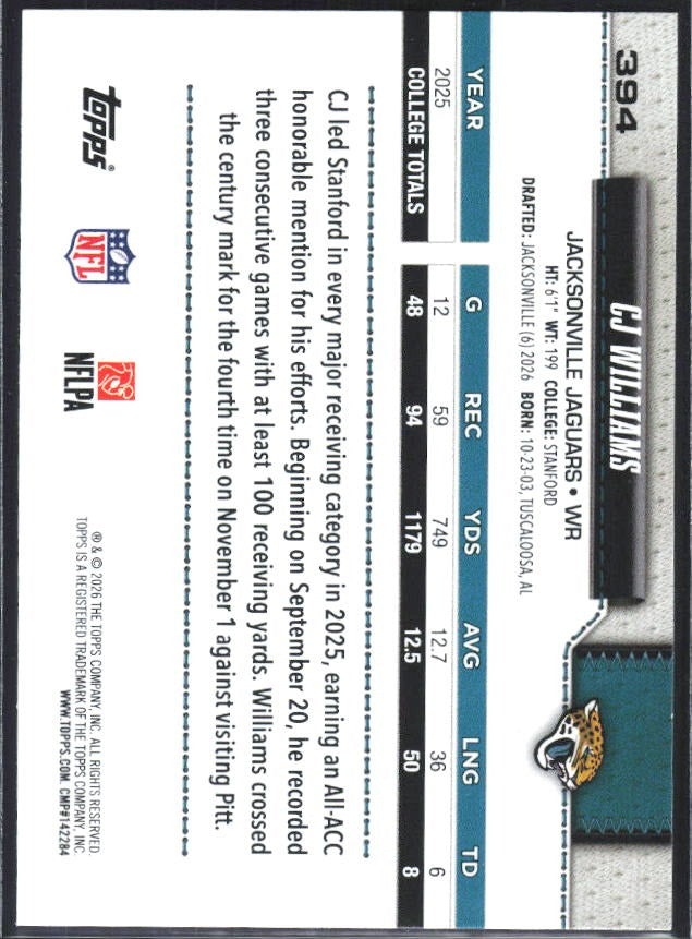 2026 Topps Flagship Football C.J. Williams RC #394 – baksida