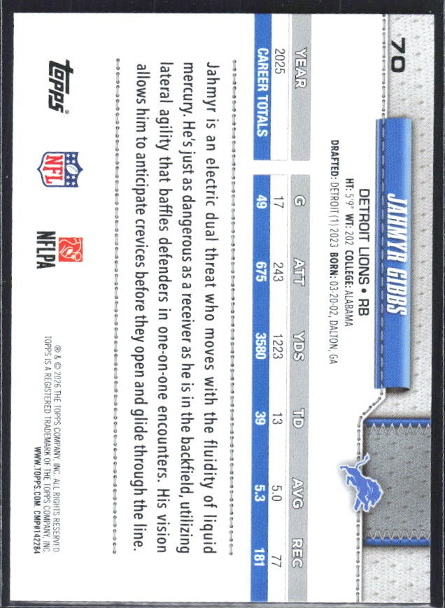 2026 Topps Flagship Football Jahmyr Gibbs #70 – baksida