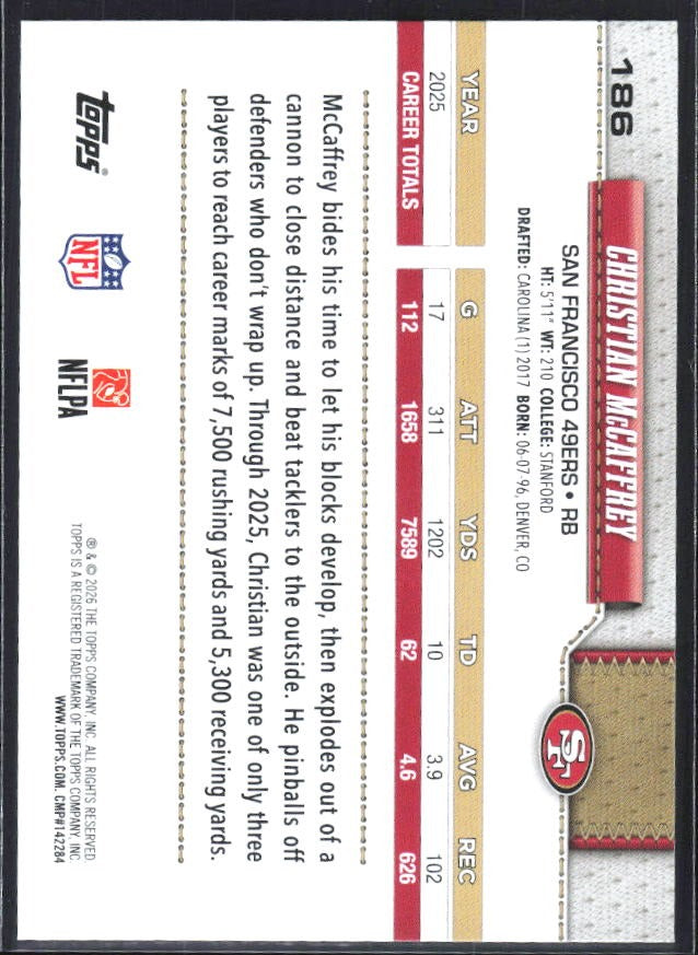 2026 Topps Flagship Football Christian McCaffrey #186 – baksida