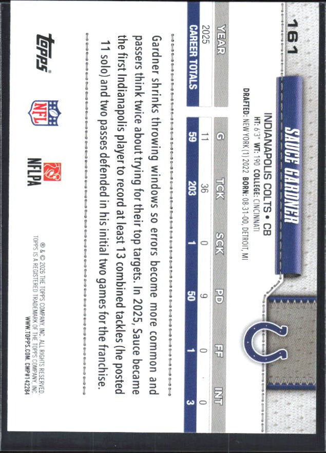 2026 Topps Flagship Football Sauce Gardner #161 – baksida