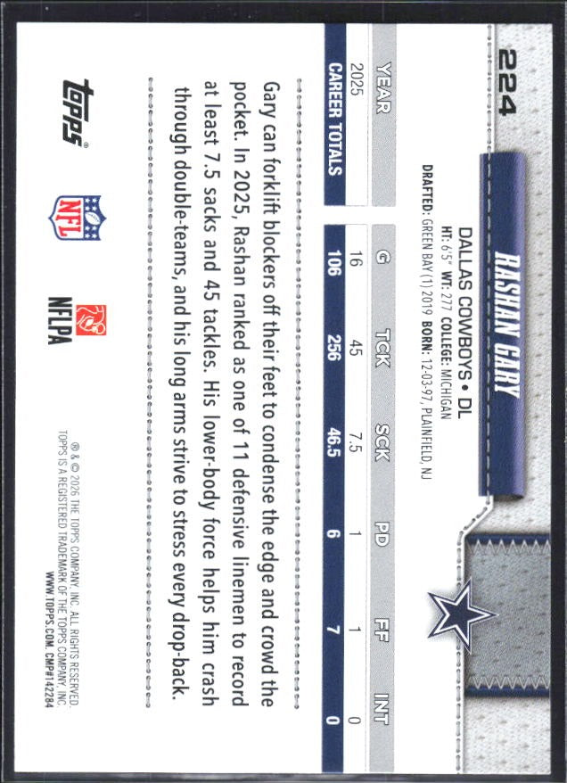 2026 Topps Flagship Football Rashan Gary #224 – baksida