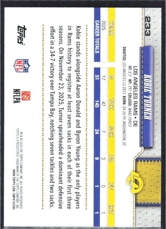 2026 Topps Flagship Football Kobie Turner #233 – baksida