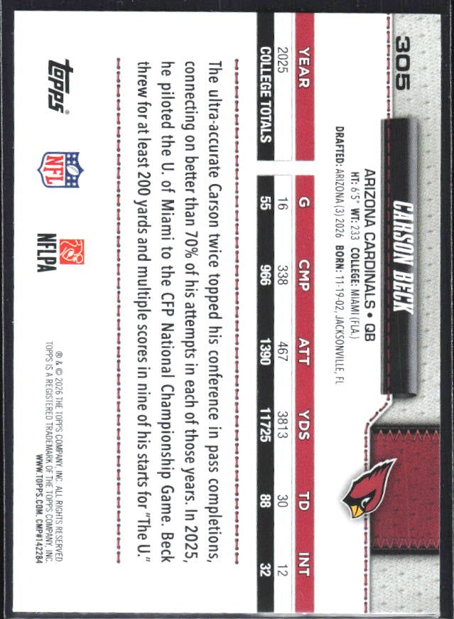 2026 Topps Flagship Football Carson Beck RC #305 – baksida