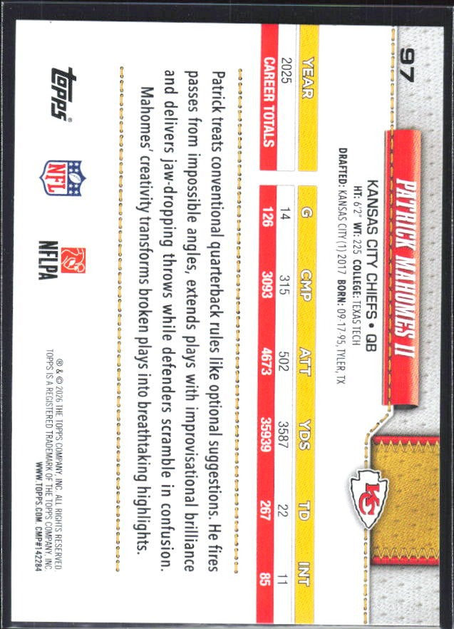 2026 Topps Flagship Football Patrick Mahomes II #97 – baksida