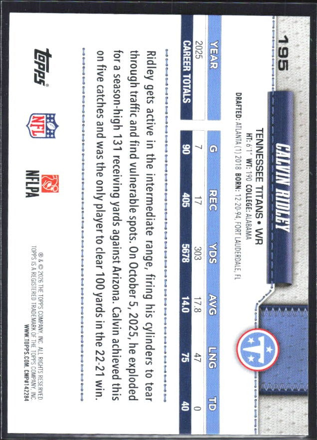2026 Topps Flagship Football Calvin Ridley #195 – baksida