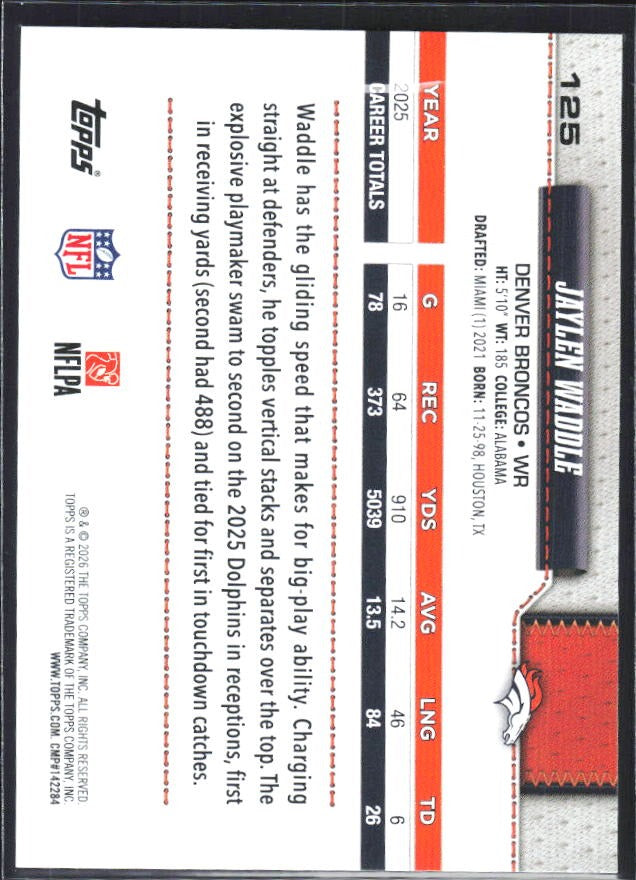 2026 Topps Flagship Football Jaylen Waddle #125 – baksida