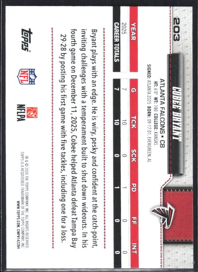 2026 Topps Flagship Football Cobee Bryant #203 – baksida