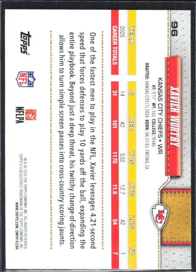 2026 Topps Flagship Football Xavier Worthy #96 – baksida
