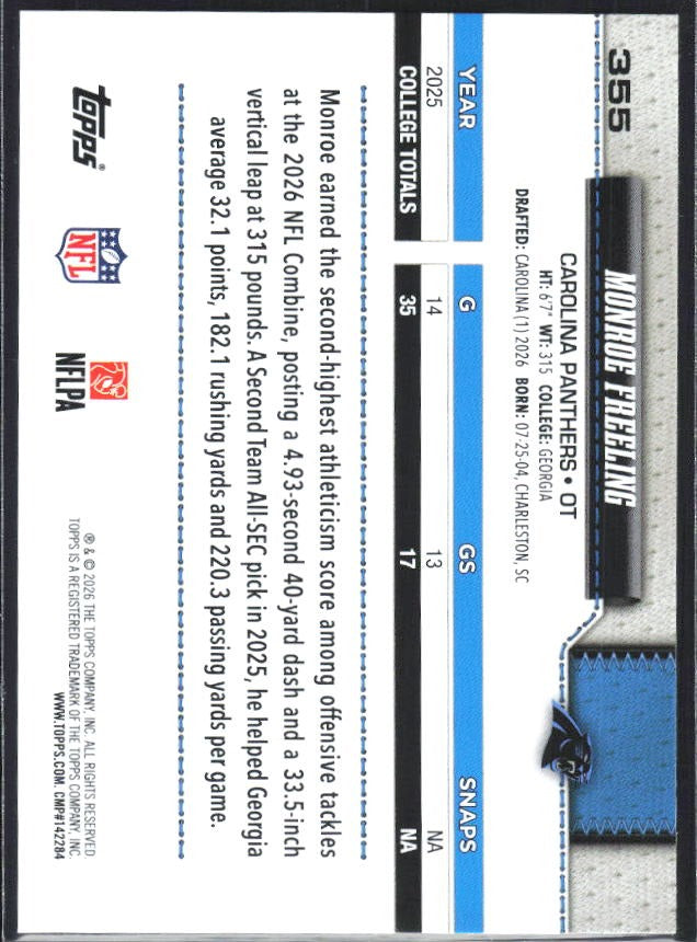 2026 Topps Flagship Football Monroe Freeling RC #355 – baksida