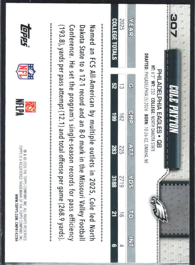 2026 Topps Flagship Football Cole Payton RC #307 – baksida