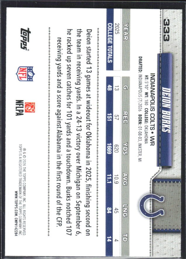 2026 Topps Flagship Football Deion Burks RC #333 – baksida