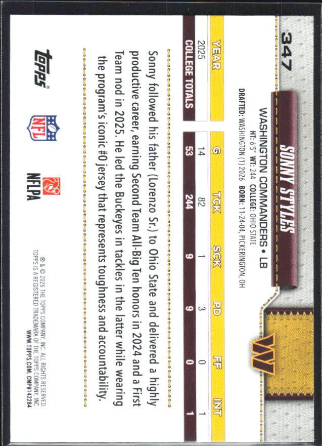 2026 Topps Flagship Football Sonny Styles RC #347 – baksida