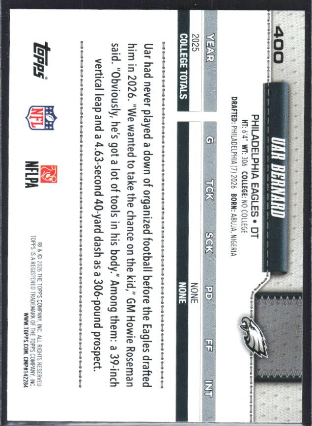 2026 Topps Flagship Football Uar Bernard RC #400 – baksida