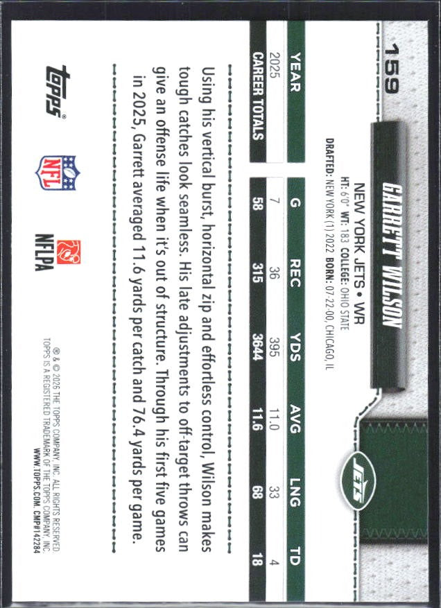 2026 Topps Flagship Football Garrett Wilson #159 – baksida