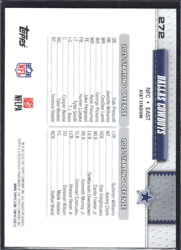 2026 Topps Flagship Football Dallas Cowboys #272 – baksida