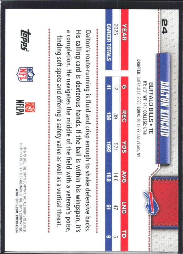 2026 Topps Flagship Football Dalton Kincaid #24 – baksida