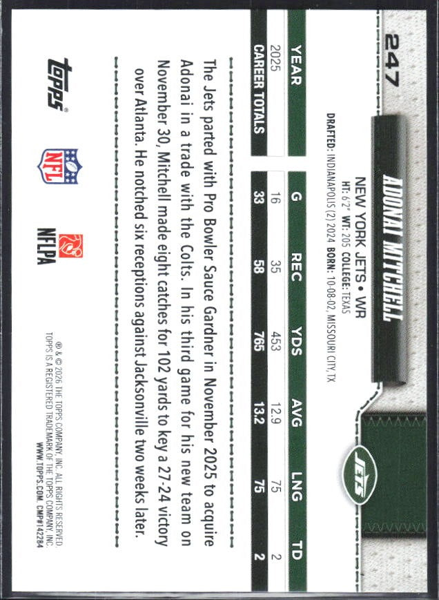 2026 Topps Flagship Football Adonai Mitchell #247 – baksida