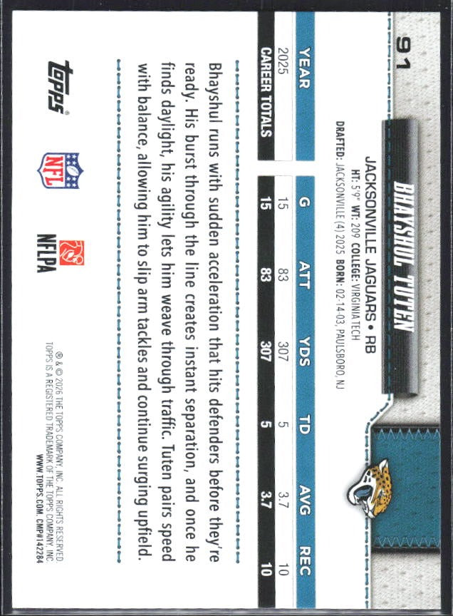 2026 Topps Flagship Football Bhayshul Tuten #91 – baksida