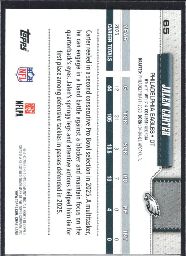2026 Topps Flagship Football Jalen Carter #65 – baksida
