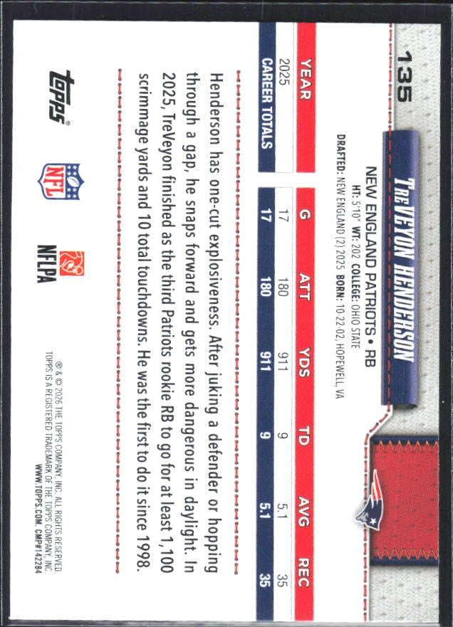 2026 Topps Flagship Football TreVeyon Henderson #135 – baksida