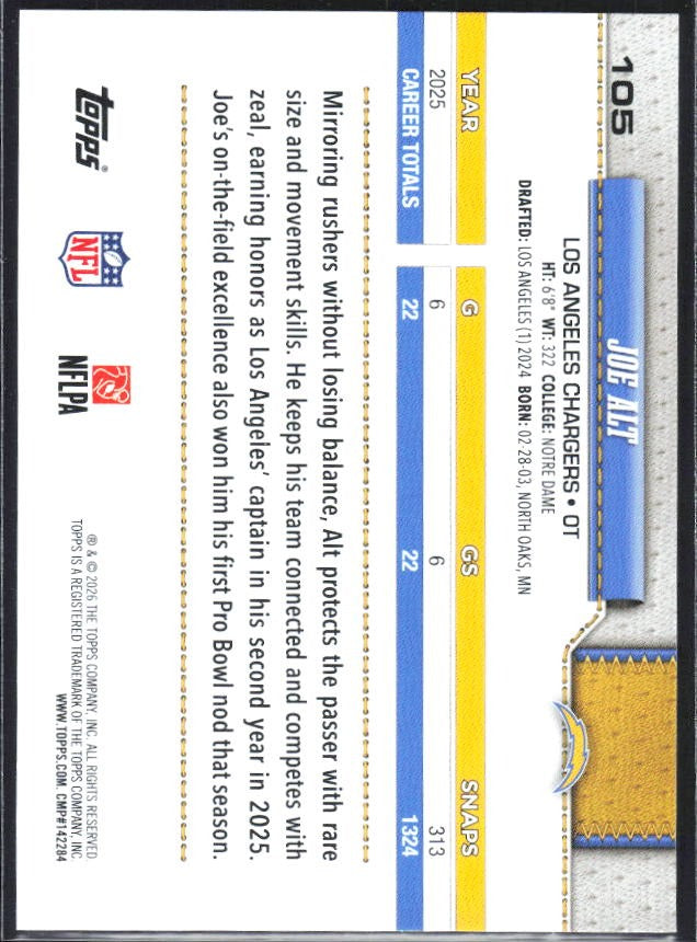 2026 Topps Flagship Football Joe Alt #105 – baksida
