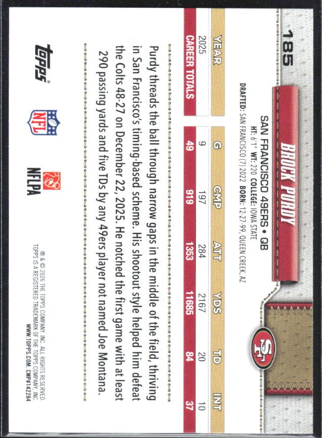 2026 Topps Flagship Football Brock Purdy #185 – baksida