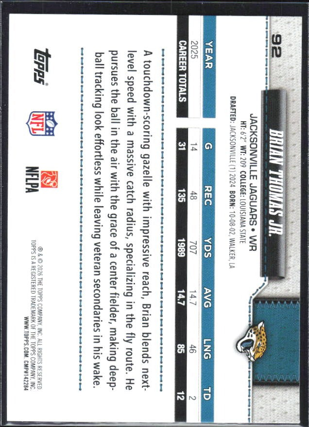 2026 Topps Flagship Football Brian Thomas Jr. #92 – baksida