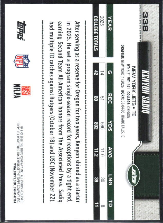 2026 Topps Flagship Football Kenyon Sadiq RC #338 – baksida