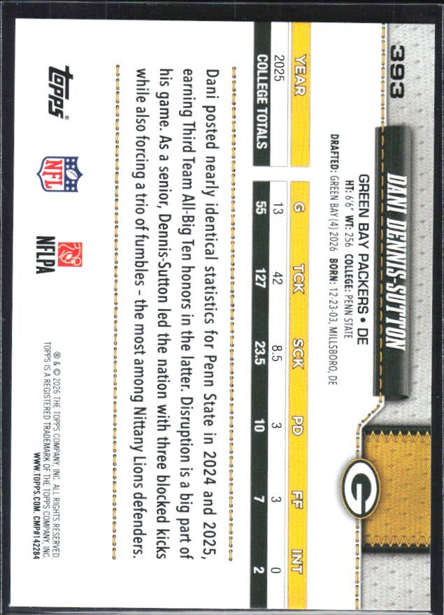 2026 Topps Flagship Football Dani Dennis-Sutton RC #393 – baksida