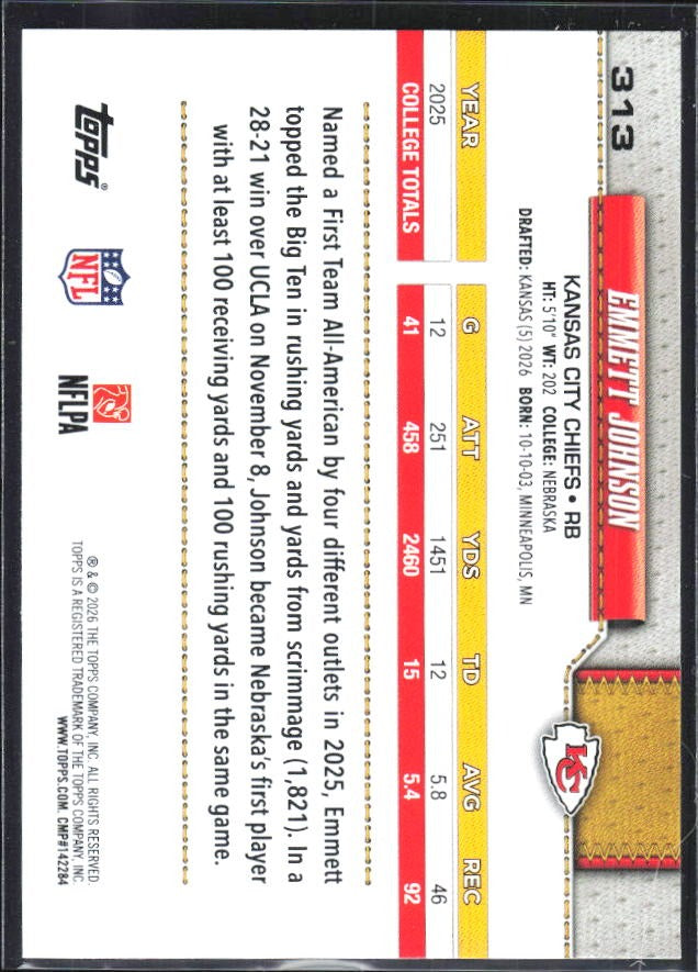 2026 Topps Flagship Football Emmett Johnson RC #313 – baksida