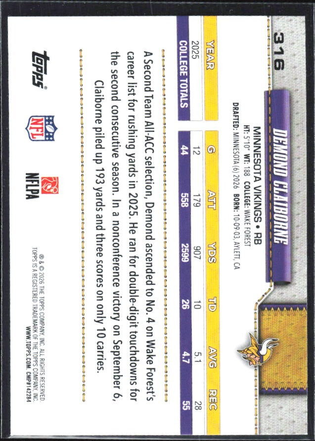 2026 Topps Flagship Football Demond Claiborne RC #316 – baksida