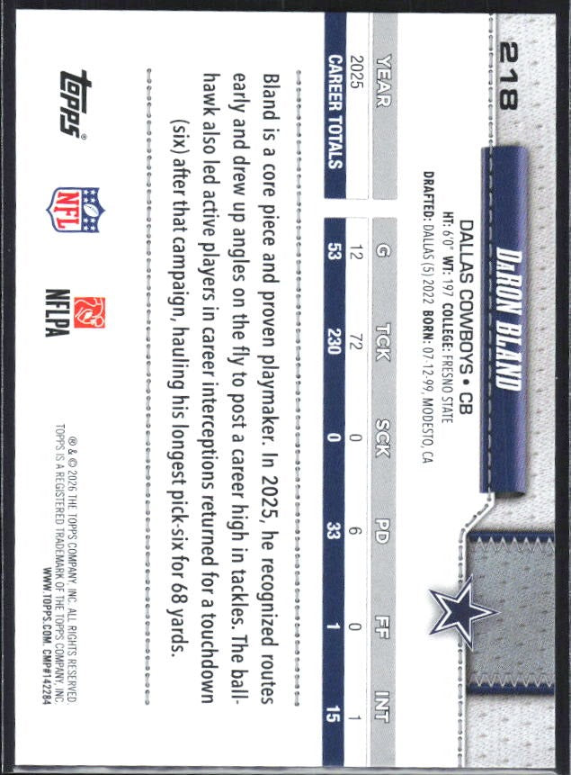 2026 Topps Flagship Football DaRon Bland #218 – baksida
