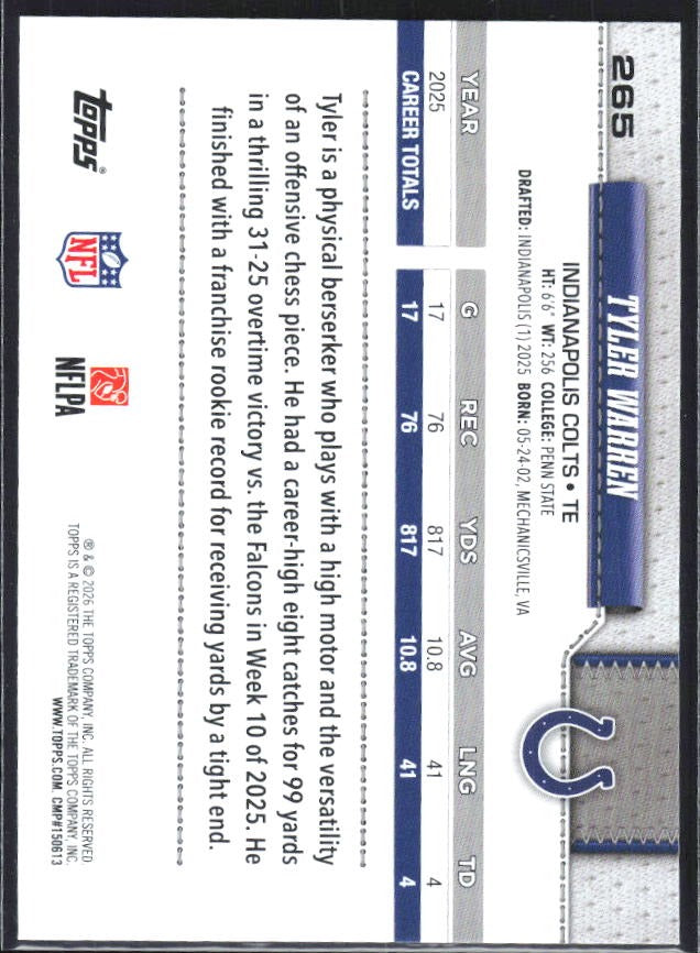 2026 Topps Flagship Football Tyler Warren Future Stars #265 – baksida
